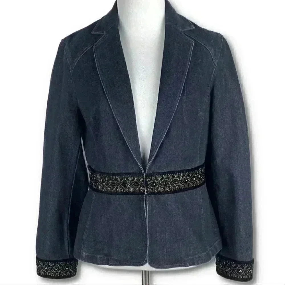 Nine West womens blazer size S blue Jean jacket gold denim vintage 90s western